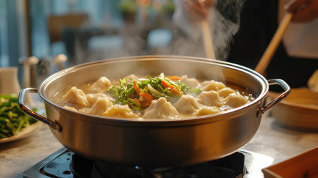 A hot pot bubbling with flavorful broth and fresh ingredients like dumplings and vegetables, served at a family gathering.の素材