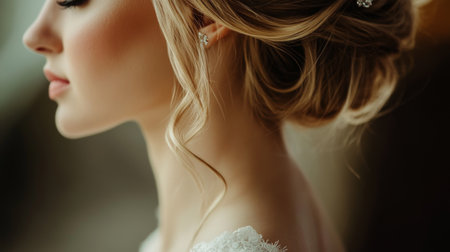 This stunning portrait captures an elegant bride with a beautiful updo hairstyle and soft, natural makeup, embodying romance and grace on her special day.の素材