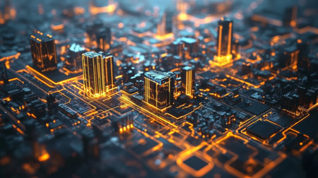 A stunning aerial view of a futuristic cityscape illuminated by glowing circuit patterns. The intricate blend of technology and architecture showcases a vibrant urban atmosphere.の素材