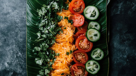 An artistic arrangement of som tam ingredients including shredded papaya, tomatoes, and herbs, beautifully displayed on a banana leaf for a fresh, tropical lookの素材