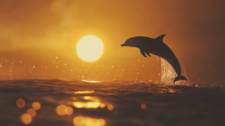 A breathtaking silhouette of a dolphin leaps gracefully from the ocean against a golden sunset backdrop, capturing the essence of nature's beauty and tranquility.の素材
