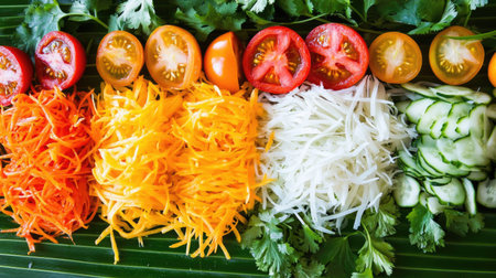 An artistic arrangement of som tam ingredients including shredded papaya, tomatoes, and herbs, beautifully displayed on a banana leaf for a fresh, tropical lookの素材