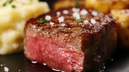 A beautifully cooked medium rare steak served with creamy garlic mashed potatoes and crispy sides. Perfect for gourmet dining experiences and special occasions.の素材