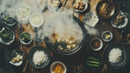 An overhead shot of a family-style shabu dinner, with a hot pot in the center, surrounded by various plates of ingredients and steaming bowls of rice on a rustic tableの素材