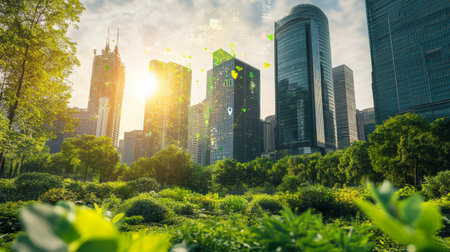 A vibrant city landscape showcasing modern skyscrapers surrounded by lush greenery, blending nature with technology under the warm sunlight of a clear day.の素材