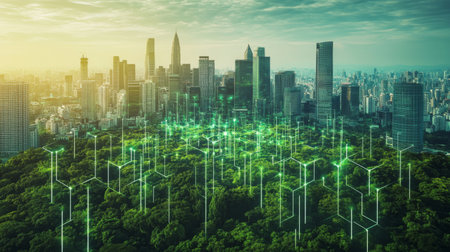 Aerial view of a modern city blending seamlessly with lush greenery, showcasing innovative technology and sustainable urban development. Enhance connection to nature.の素材