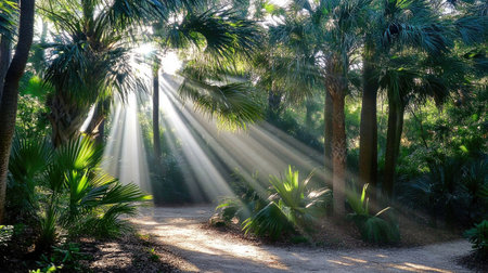 An artistic shot of rays of sunlight filtering through dense trees in a forest, creating a magical atmosphere as beams illuminate the forest floorの素材