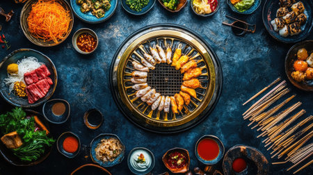 An inviting scene of a mookata grill surrounded by colorful plates of fresh ingredients, with chopsticks and sauces ready for dipping, creating a tempting culinary setupの素材