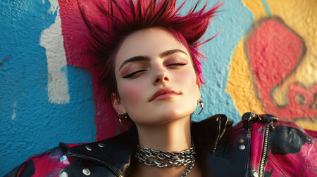 An edgy spiked hairstyle with vibrant highlights, embodying youthful energy and creativity, set against a colorful graffiti wall for an urban vibeの素材