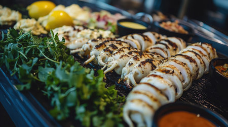 An appetizing display of a squid barbecue feast, featuring grilled squid alongside fresh salads and dipping sauces, emphasizing the freshness and variety of the mealの素材
