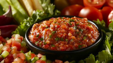 A vibrant bowl of fresh homemade salsa made with chopped tomatoes, onions, cilantro, and peppers. Perfect for dipping or as a flavorful ingredient.の素材