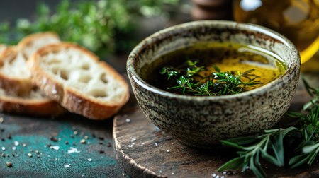 A bowl of traditional Italian olive oil served with a side of balsamic vinegar and fresh herbs for dipping bread, set on a rustic tableの素材