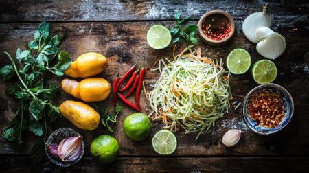 An overhead shot of fresh ingredients for som tam, including shredded green papaya, chilies, and lime, laid out on a wooden table, highlighting their colors and texturesの素材