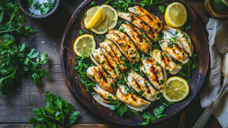 A beautifully arranged platter of grilled squid, garnished with fresh herbs and lemon slices, set against a rustic wooden background for a vibrant and inviting presentationの素材