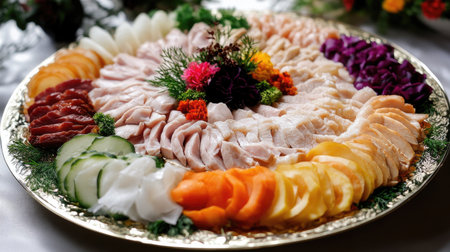 A beautifully arranged platter of premium sliced meats for shabu, including pork, beef, and chicken, garnished with herbs and colorful vegetables, ready to cookの素材