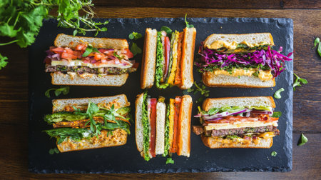 A vibrant assortment of gourmet sandwiches arranged on a slate platter, showcasing fresh ingredients and a delightful mix of colors perfect for any meal occasion.の素材