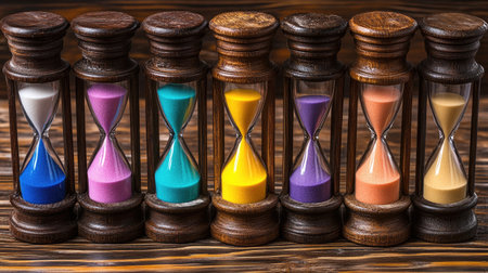 A collection of hourglasses with different colors of sand, lined up on a wooden surface, representing various stages of timeの素材