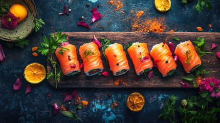 A creative arrangement of salmon sushi rolls featuring marinated salmon, with vibrant colors and textures, presented on a rustic wooden boardの素材