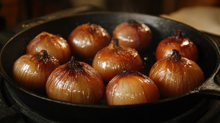 A beautiful arrangement of caramelized onions in a cast-iron skillet, with golden-brown hues and a rich, glossy finish, ready to enhance any dishの素材