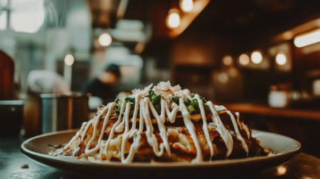 A beautifully plated savory dish garnished with a creamy sauce, showcasing culinary artistry in a cozy restaurant kitchen setting filled with warmth.の素材