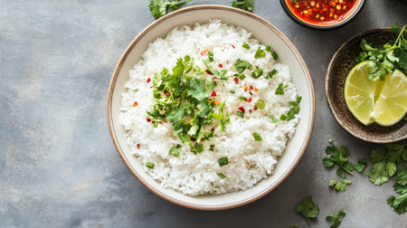 A bowl of fresh steamed rice garnished with cilantro and green onion, served with lime slices and chili sauce on a gray backdrop, perfect for culinary use.の素材