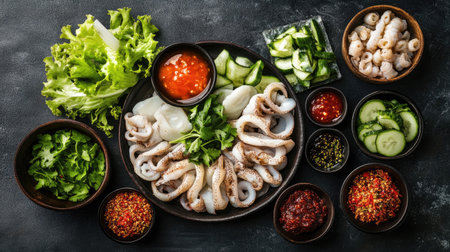 A creative flat lay of grilled squid with various dipping sauces, fresh herbs, and sliced vegetables, showcasing a vibrant and appetizing culinary spreadの素材