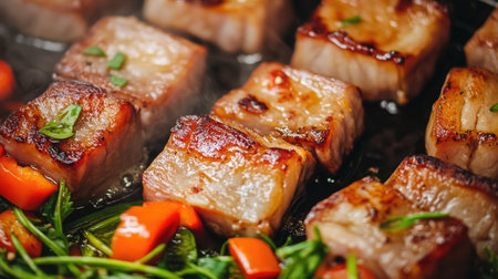 A close-up of perfectly grilled pork belly and vegetables sizzling on a mookata pan, capturing the golden-brown color and juicy texture of the cooked ingredientsの素材