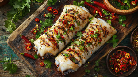 A colorful display of grilled squid garnished with fresh herbs and sliced chilies, set on a rustic board, inviting viewers to experience the deliciousness of seafoodの素材