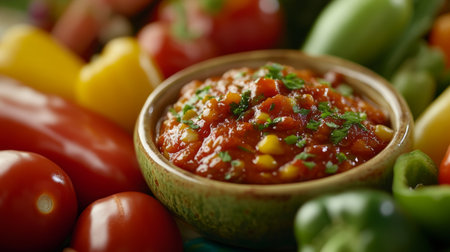 A vibrant bowl of fresh salsa is surrounded by colorful vegetables, including tomatoes and peppers. Perfect for healthy cooking and flavorful dishes.の素材