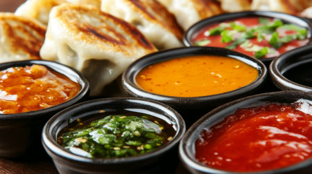 An appetizing arrangement of steaming dumplings accompanied by a selection of vibrant dipping sauces, perfect for meal sharing and enhancing flavors.の素材