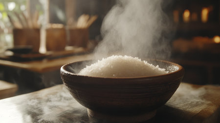 A steaming bowl of freshly cooked rice placed in a rustic kitchen setting. The steam rising from the rice adds warmth and comfort to the meal atmosphere.の素材