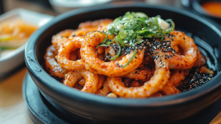 A vibrant dish of spicy stir-fried squid topped with spring onions and sesame seeds. Perfect for food lovers seeking bold flavors and fresh ingredients.の素材
