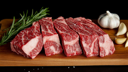 A beautiful display of fresh raw beef cuts on a wooden board, accompanied by garlic and rosemary, perfect for showcasing culinary art and healthy eating.の素材