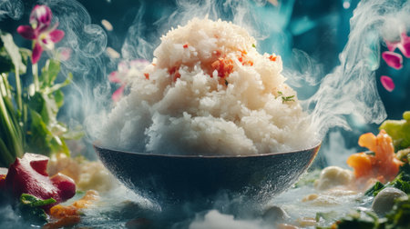 A captivating image of a steaming bowl of rice surrounded by vibrant vegetables and aromatic herbs, showcasing culinary art and inviting flavors.の素材