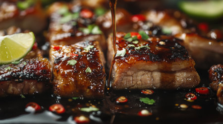 Tempting close-up of grilled meat slices drizzled with savory sauce and garnished with fresh herbs and chili. Perfect for food lovers and culinary enthusiasts.の素材