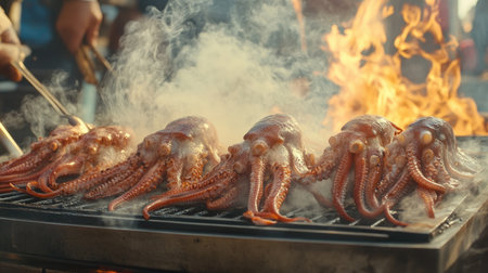 A dynamic shot of squid being flipped on the grill, with smoke rising and flames flickering, capturing the excitement and energy of cooking seafood outdoorsの素材