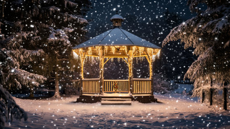 A charming gazebo illuminated with warm lights amidst falling snow creates a serene winter landscape. This peaceful scene captures the beauty of nature in winter.の素材