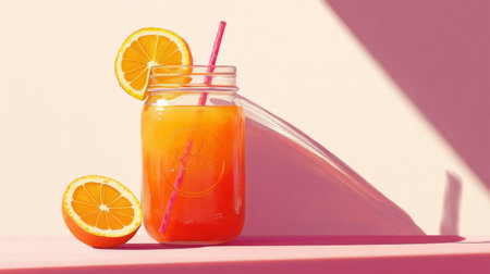 Brighten your day with this refreshing citrus drink served in a jar, featuring vibrant orange slices and a straw, perfect for summer enjoyment.の素材