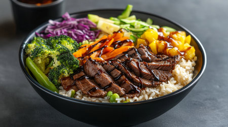 This vibrant bowl features grilled beef served over fluffy rice, complemented by fresh vegetables. An appetizing meal perfect for health-conscious diners.の素材