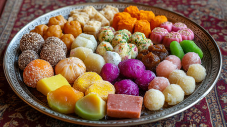 An enticing array of traditional Indian sweets presented on an ornate platter. These vibrant treats showcase cultural heritage, ideal for festive celebrations.の素材