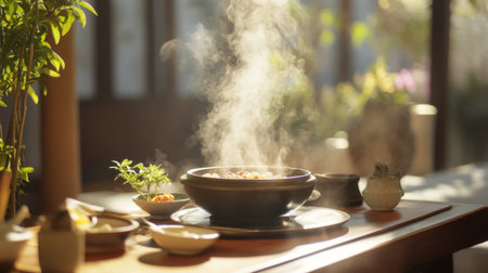 A steaming bowl of delicious soup sits on a wooden table, surrounded by fresh herbs and a warm ambiance, evoking a sense of comfort in the kitchen.の素材