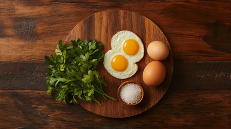 A beautifully arranged scene featuring fresh eggs, parsley, and soft cooked eggs on a rustic wooden board, ideal for cooking and breakfast inspirations.の素材