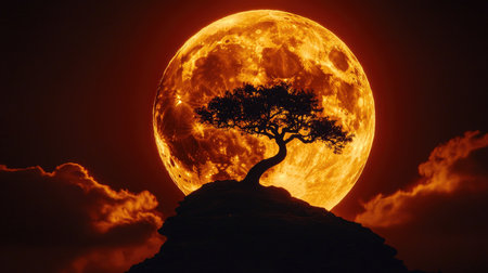 A silhouette of a tree against a glowing full moon, capturing the contrast between dark shadows and the bright, luminous surface of the moonの素材