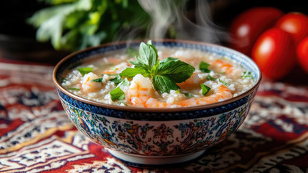 A side view of a bowl of shrimp rice porridge with steam rising, set on a patterned tablecloth, conveying a cozy and inviting meal atmosphereの素材