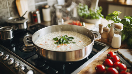 A serene kitchen scene with a pot of shrimp rice porridge simmering on the stove, surrounded by fresh ingredients ready for garnishing and servingの素材