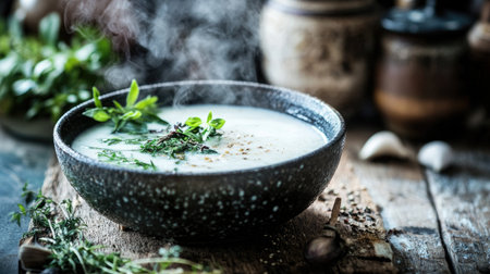 A steaming bowl of shabu broth on a wooden table, with fresh herbs and spices ready to be added, creating a tantalizing and aromatic experience for dinersの素材