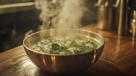 A steaming bowl of shabu broth on a wooden table, with fresh herbs and spices ready to be added, creating a tantalizing and aromatic experience for dinersの素材