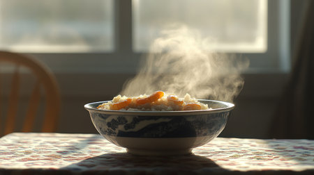 A side view of a bowl of shrimp rice porridge with steam rising, set on a patterned tablecloth, conveying a cozy and inviting meal atmosphereの素材