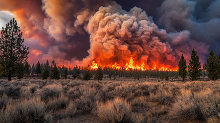 A powerful shot of a fire burning through dry grassland, with flames licking at the sky and thick smoke rising, capturing the urgency and danger of wildfiresの素材