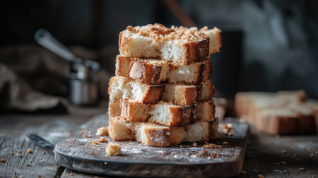 A stack of fluffy white bread slices on a cutting board with crumbs scattered, placed on a rustic wooden tableの素材